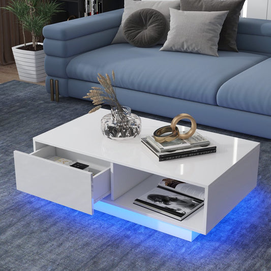 LED Coffee Table Side Table High Gloss Modern Coffee Tea Table with Drawer Open Shelf for Living Room White